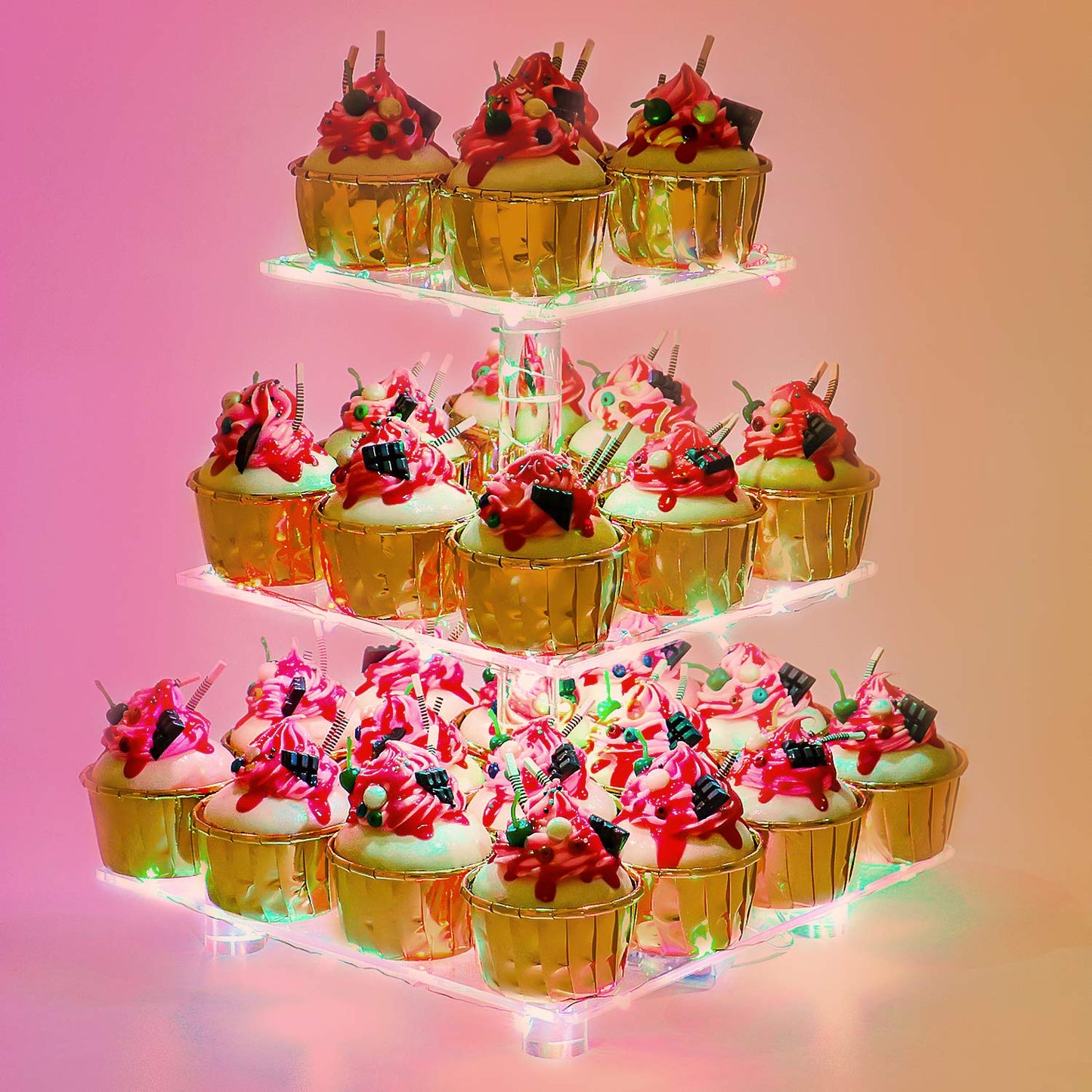 YestBuy 4 Tier Cupcake Stand Acrylic Tower Display with LED Light Premium Holder Dessert Tree Tower for Birthday Cady Bar Décor Weddings, Parties Events (Yellow Light)