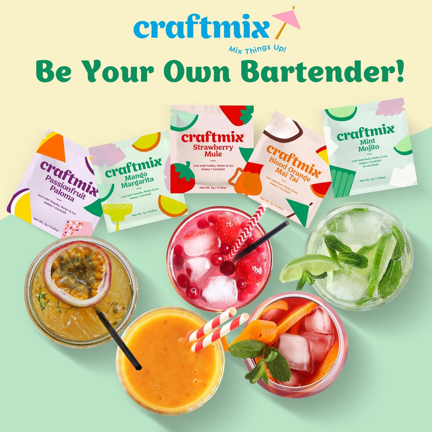 Craftmix Variety Pack, Makes 12 Drinks, Skinny Cocktail Mixers, Mocktails Non-Alcoholic Drinks - Made With Real Fruit - Vegan Low-Carb, Low-Sugar, Non-GMO, Dairy Free, Gluten Free, Easy to Mix