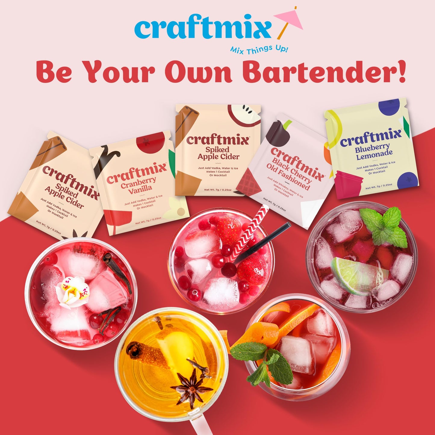 Craftmix Variety Pack, Makes 12 Drinks, Skinny Cocktail Mixers, Mocktails Non-Alcoholic Drinks - Made With Real Fruit - Vegan Low-Carb, Low-Sugar, Non-GMO, Dairy Free, Gluten Free, Easy to Mix