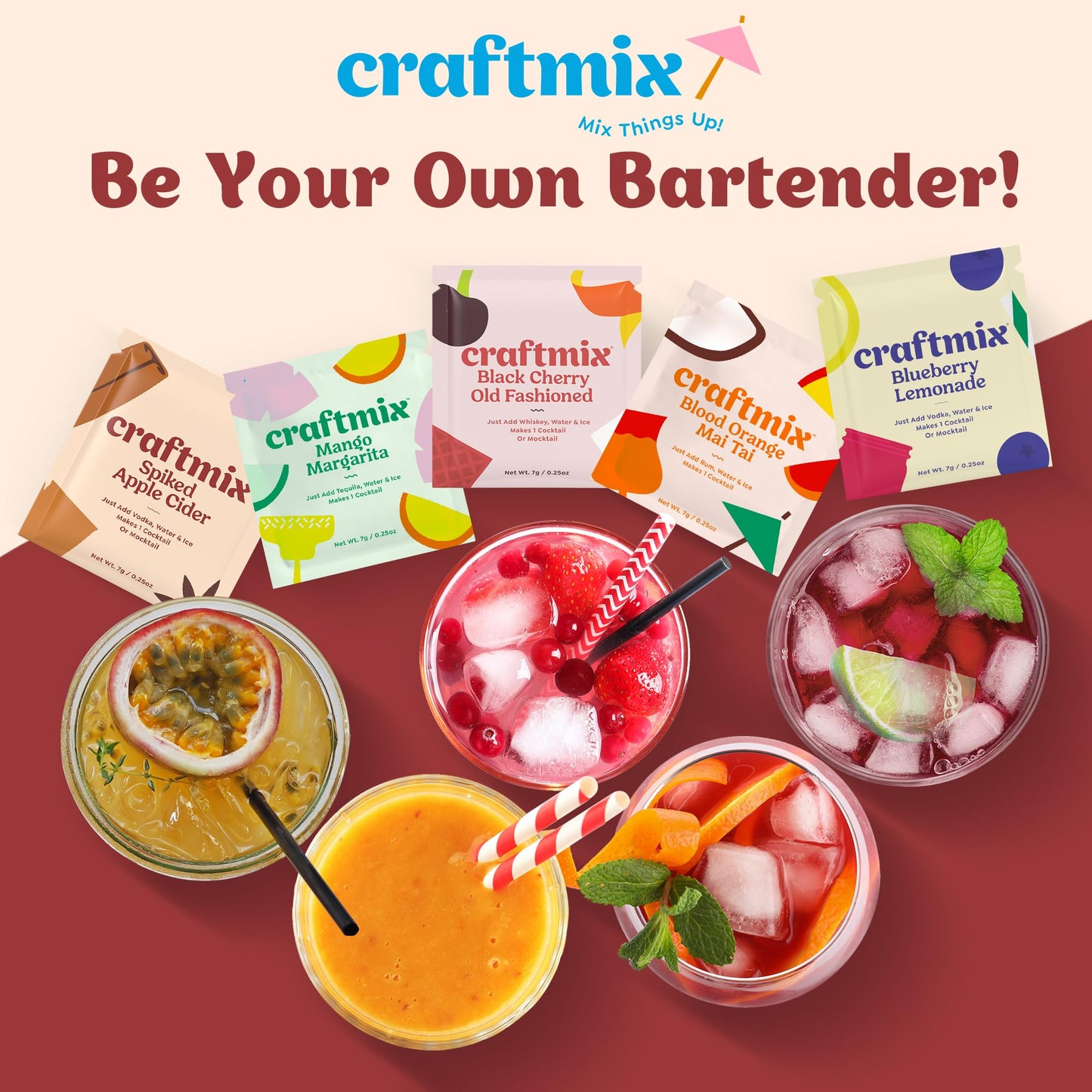 Craftmix Variety Pack, Makes 12 Drinks, Skinny Cocktail Mixers, Mocktails Non-Alcoholic Drinks - Made With Real Fruit - Vegan Low-Carb, Low-Sugar, Non-GMO, Dairy Free, Gluten Free, Easy to Mix