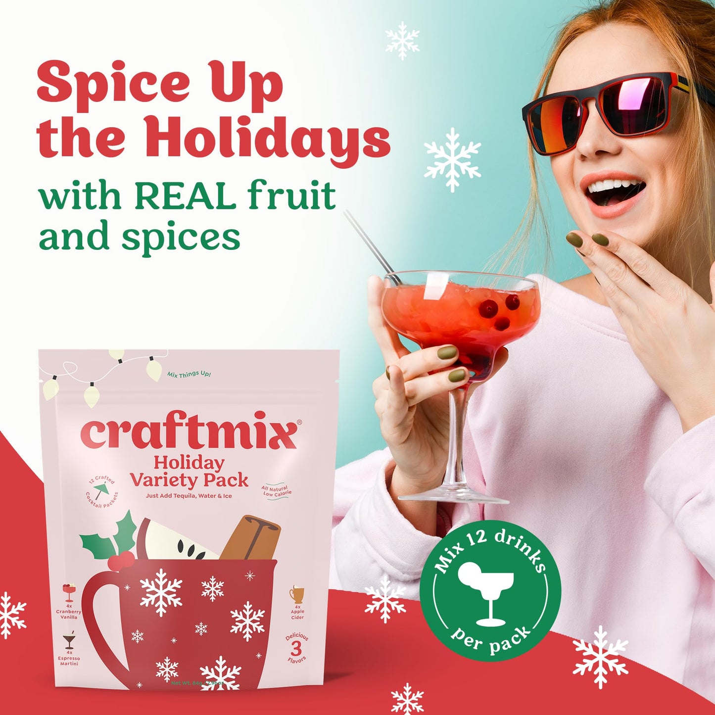 Craftmix Variety Pack, Makes 12 Drinks, Skinny Cocktail Mixers, Mocktails Non-Alcoholic Drinks - Made With Real Fruit - Vegan Low-Carb, Low-Sugar, Non-GMO, Dairy Free, Gluten Free, Easy to Mix