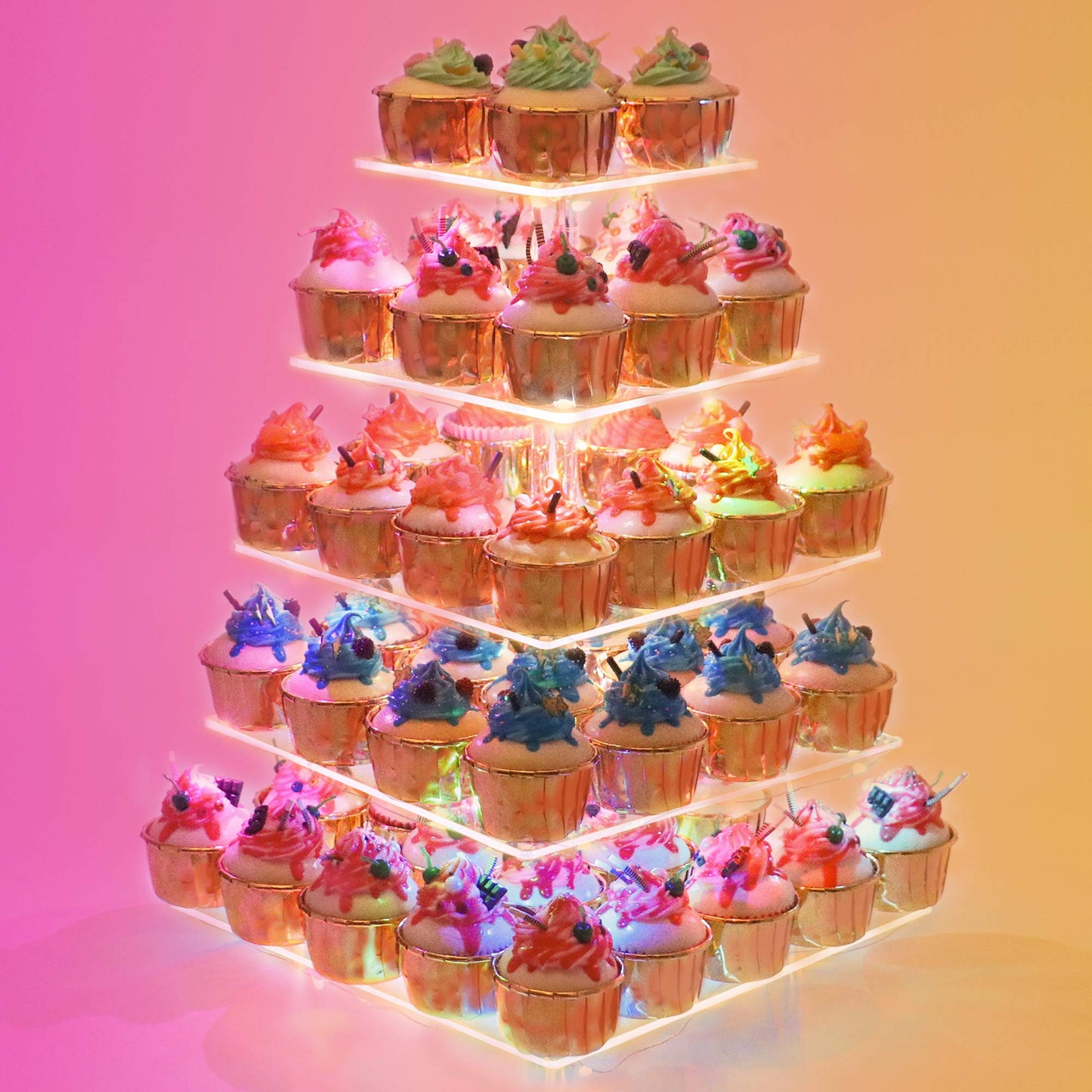 YestBuy 4 Tier Cupcake Stand Acrylic Tower Display with LED Light Premium Holder Dessert Tree Tower for Birthday Cady Bar Décor Weddings, Parties Events (Yellow Light)