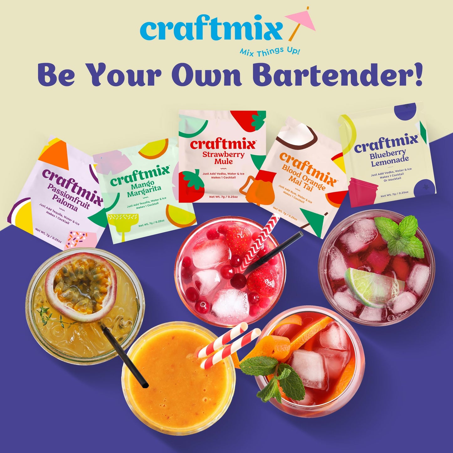 Craftmix Variety Pack, Makes 12 Drinks, Skinny Cocktail Mixers, Mocktails Non-Alcoholic Drinks - Made With Real Fruit - Vegan Low-Carb, Low-Sugar, Non-GMO, Dairy Free, Gluten Free, Easy to Mix