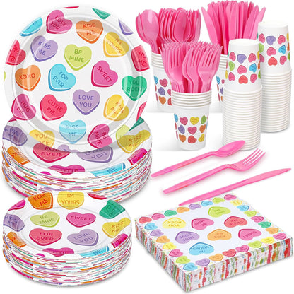 Layhit 350 Pcs Valentine's Day Tableware Sets Conversation Heart Paper Plates Valentines Plates Napkins Cups Disposable Colorful Heart Candy Dinnerware for Valentine Weddings Birthday, Serve 50