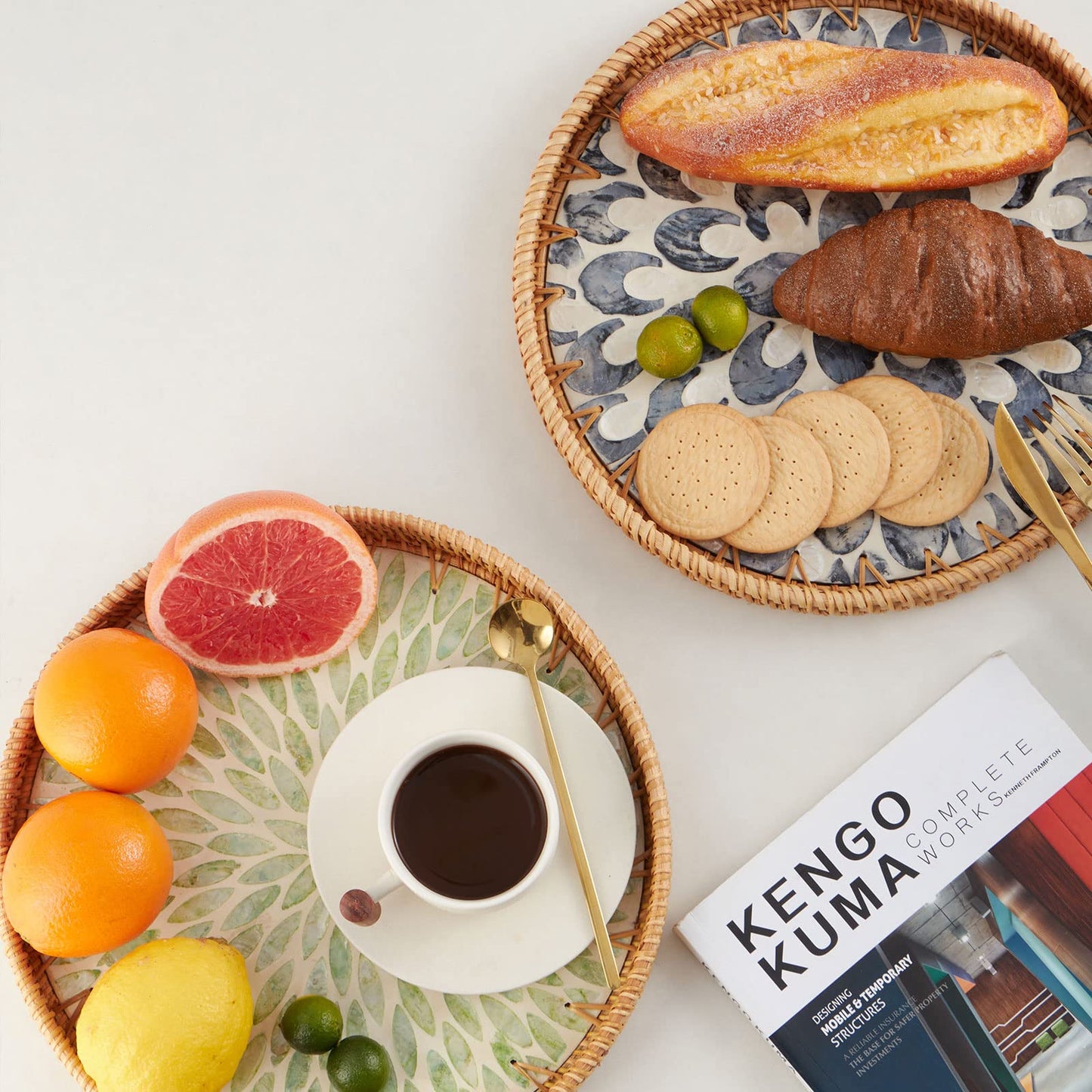 Round Rattan Tray with Mother of Pearl Inlay, Rattan Serving Tray with Wooden Base, Decorative Wicker Basket for Table Decor, Storage and Display of Coffee Bread Food Fruit (Plume)