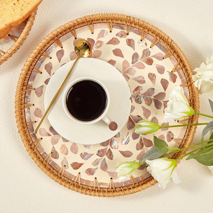 Round Rattan Tray with Mother of Pearl Inlay, Rattan Serving Tray with Wooden Base, Decorative Wicker Basket for Table Decor, Storage and Display of Coffee Bread Food Fruit (Plume)