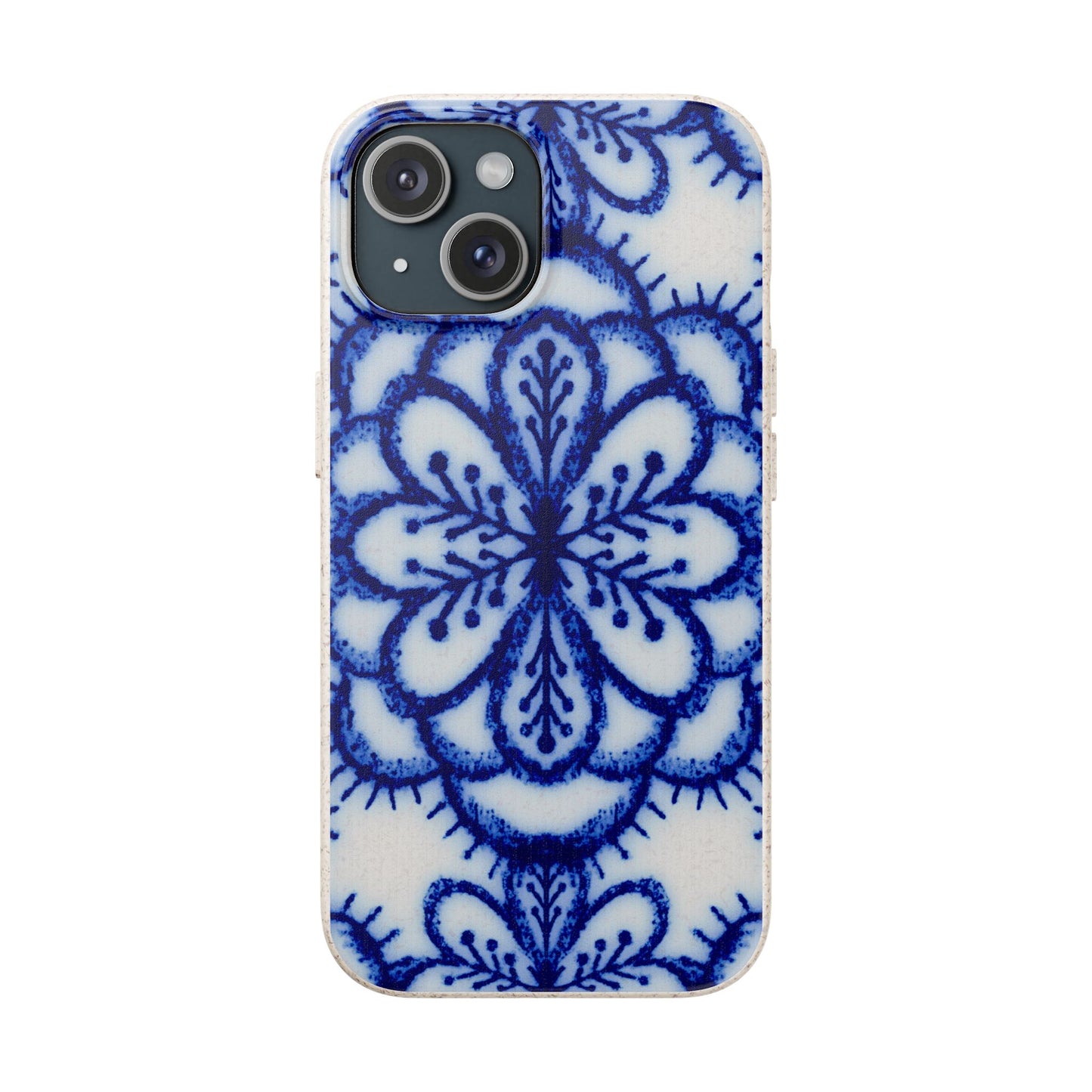 A phone case featuring a classic blue and white floral mandala pattern, shown on a plain white background.
