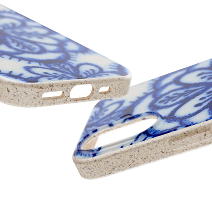 Two close-up views of a phone case with a blue floral or damask-style pattern on a white base and a speckled beige textured edge, shown on a plain white background.