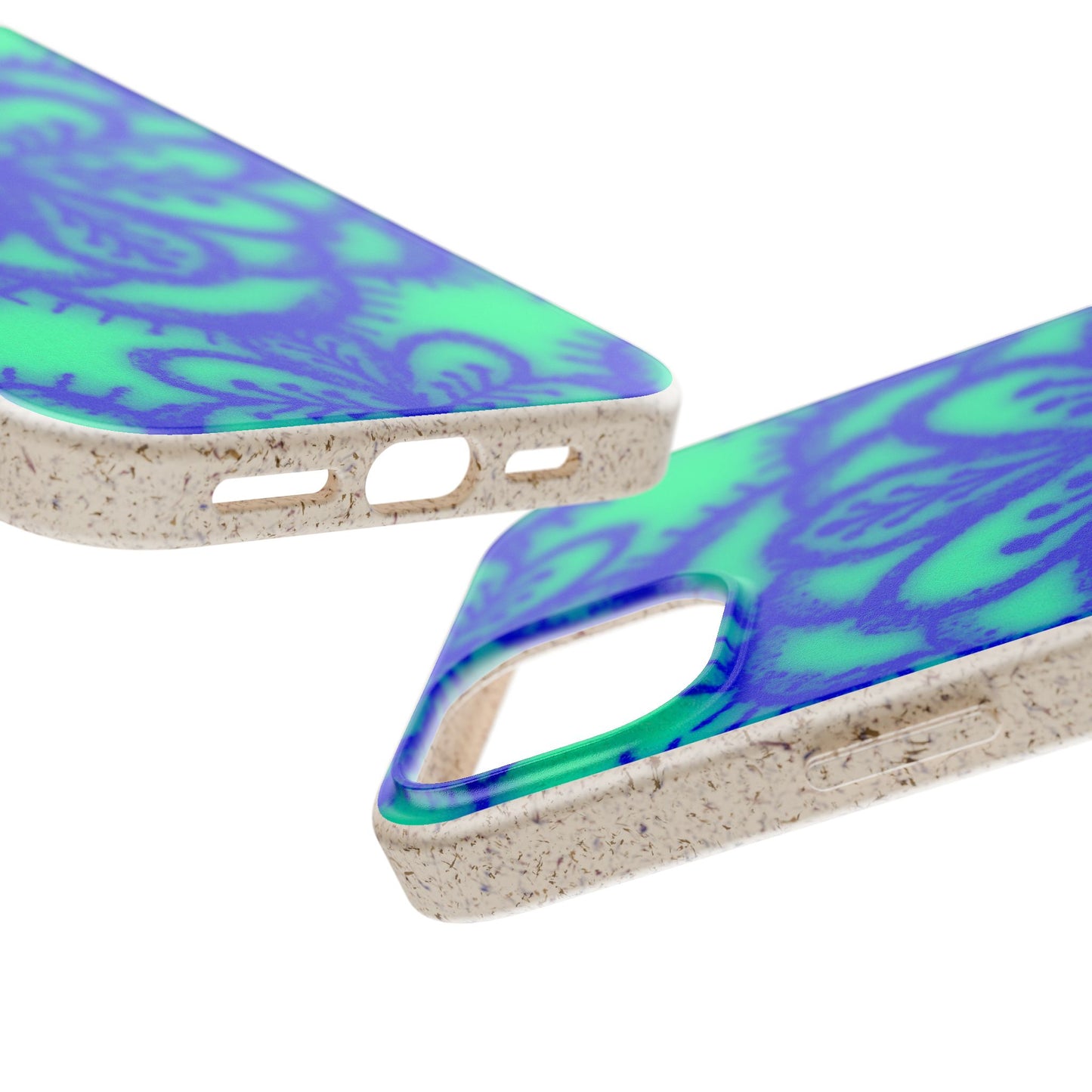 Two views of a phone case with a textured beige base and a glossy blue and green abstract pattern on the back, shown on a white background.