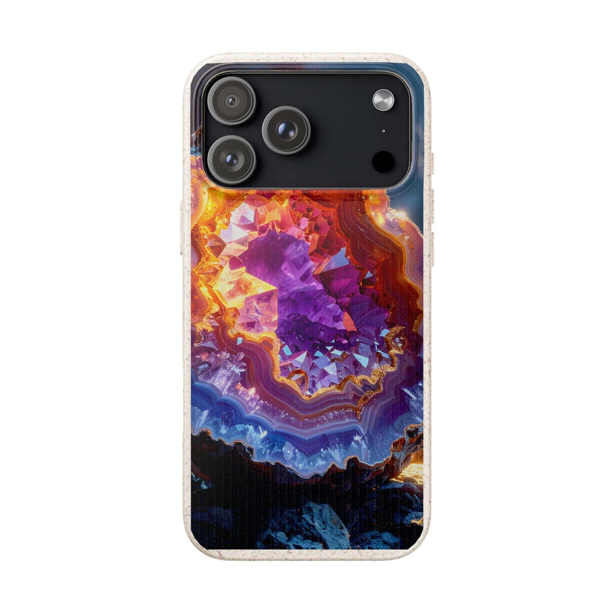 A clear smartphone case with a vivid printed geode or crystal cluster design in purple, orange, yellow, blue, and black, shown on a phone against a plain white background.