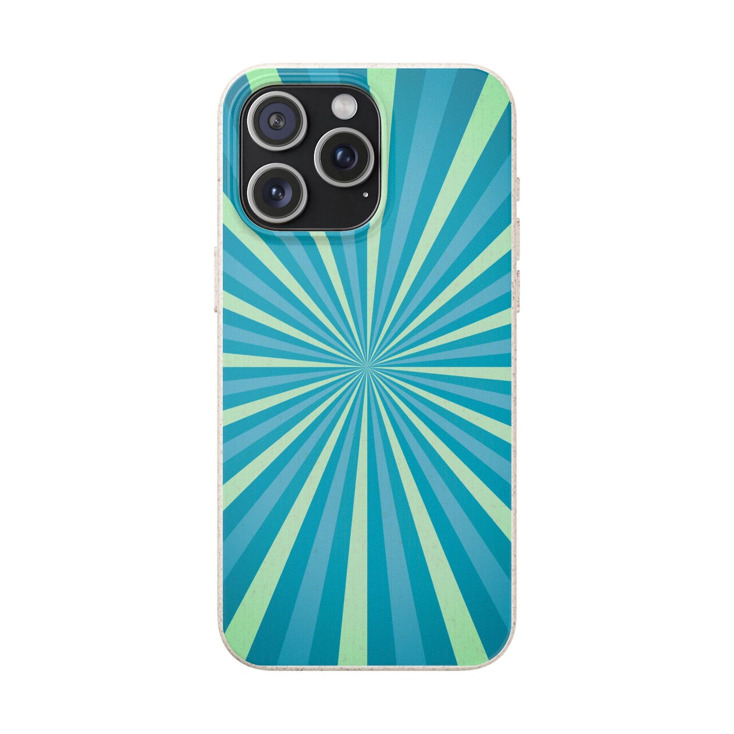 A phone case featuring a retro sunburst pattern with radiating stripes in shades of teal, blue, and mint green, shown on a plain white background.