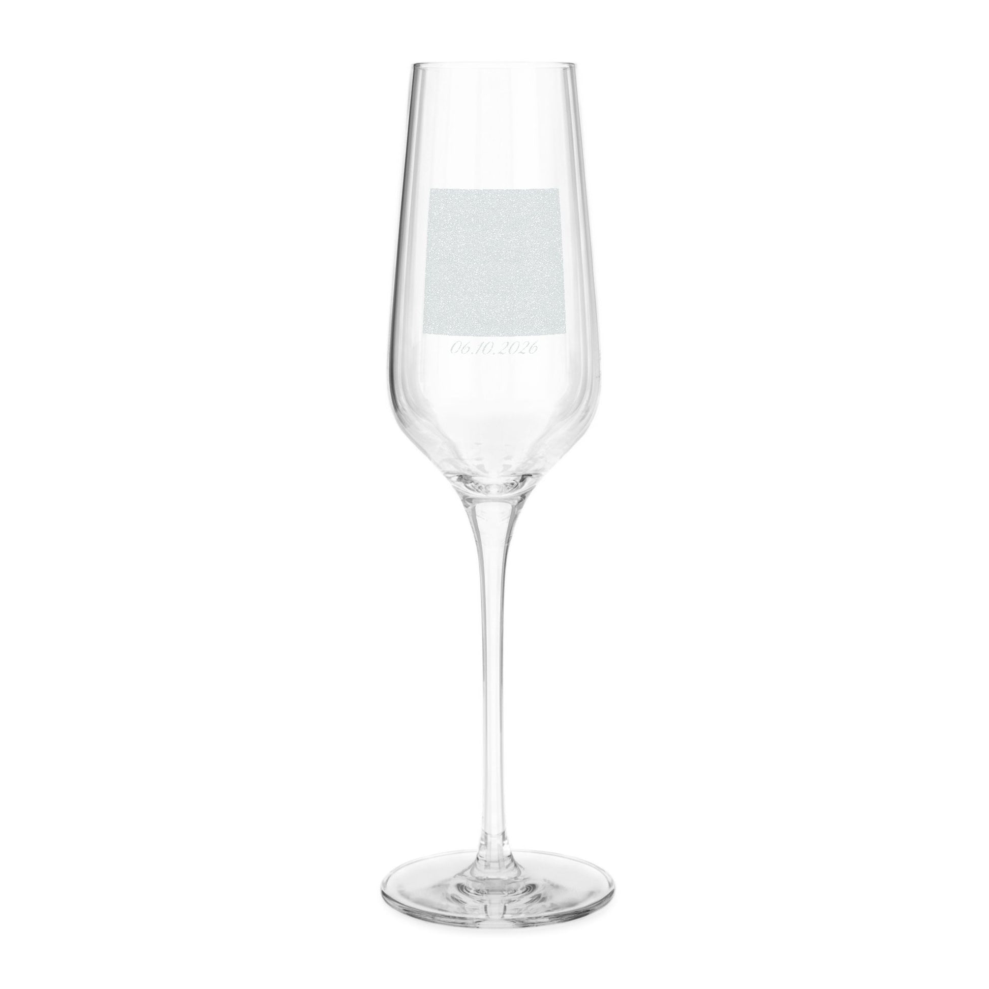 A clear glass champagne flute with a square silver glitter band and faint personalized text near the base, shown on a plain white background.