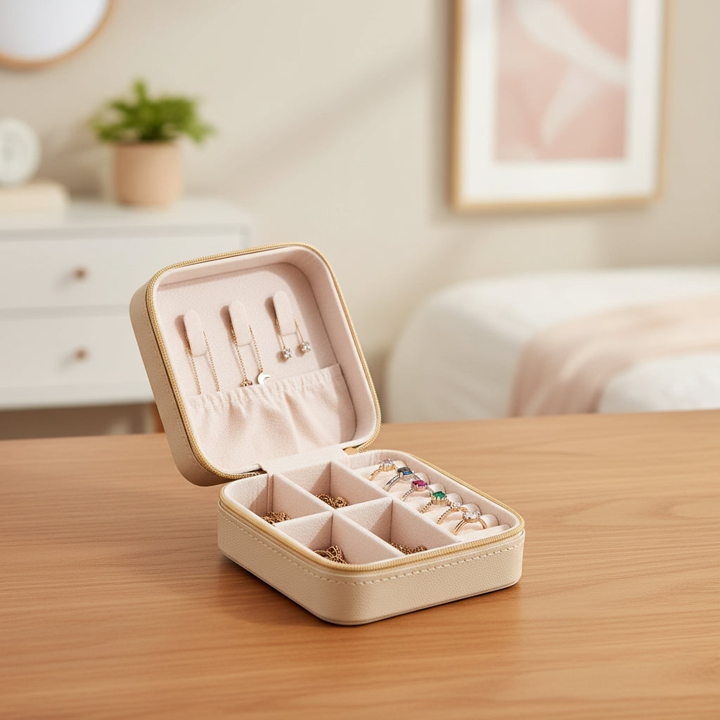 A beige jewelry case with jewelry in compartments on a brown table