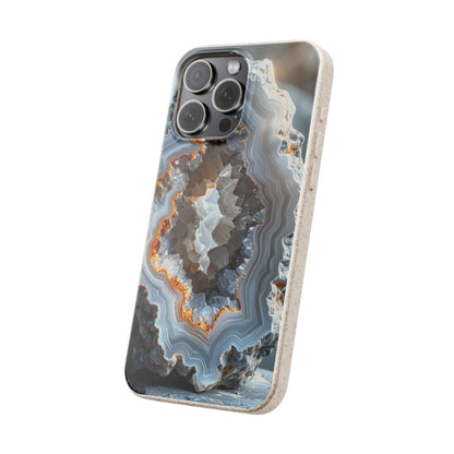 A protective phone case featuring a realistic geode and agate stone pattern with swirls of gray, white, brown, and orange, shown on a light gray background.