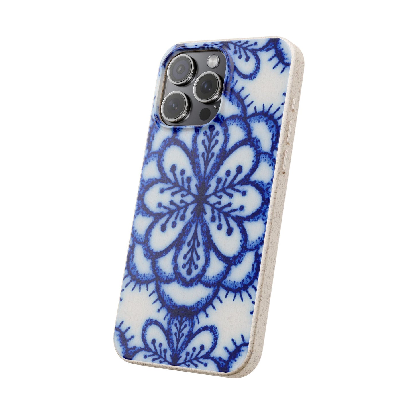 A protective phone case with a blue and white floral mandala pattern, shown on a white background.