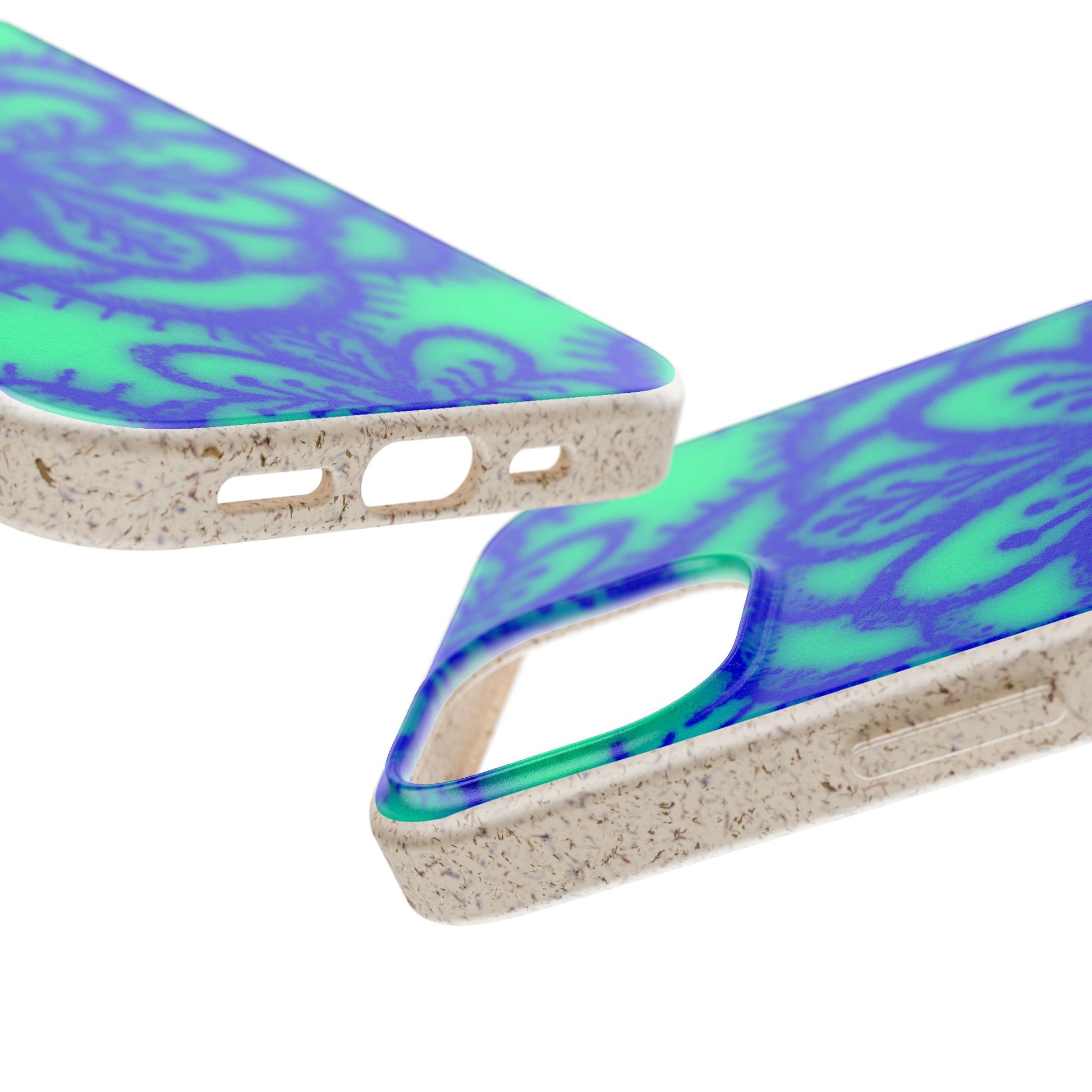 Two phone cases with a blue and green marbled pattern and a textured beige speckled edge, shown on a white background.