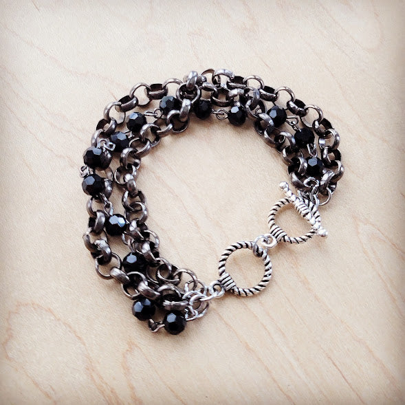 Black Faceted Triple Strand Beaded Bracelet – Bold Edge, American Crafted