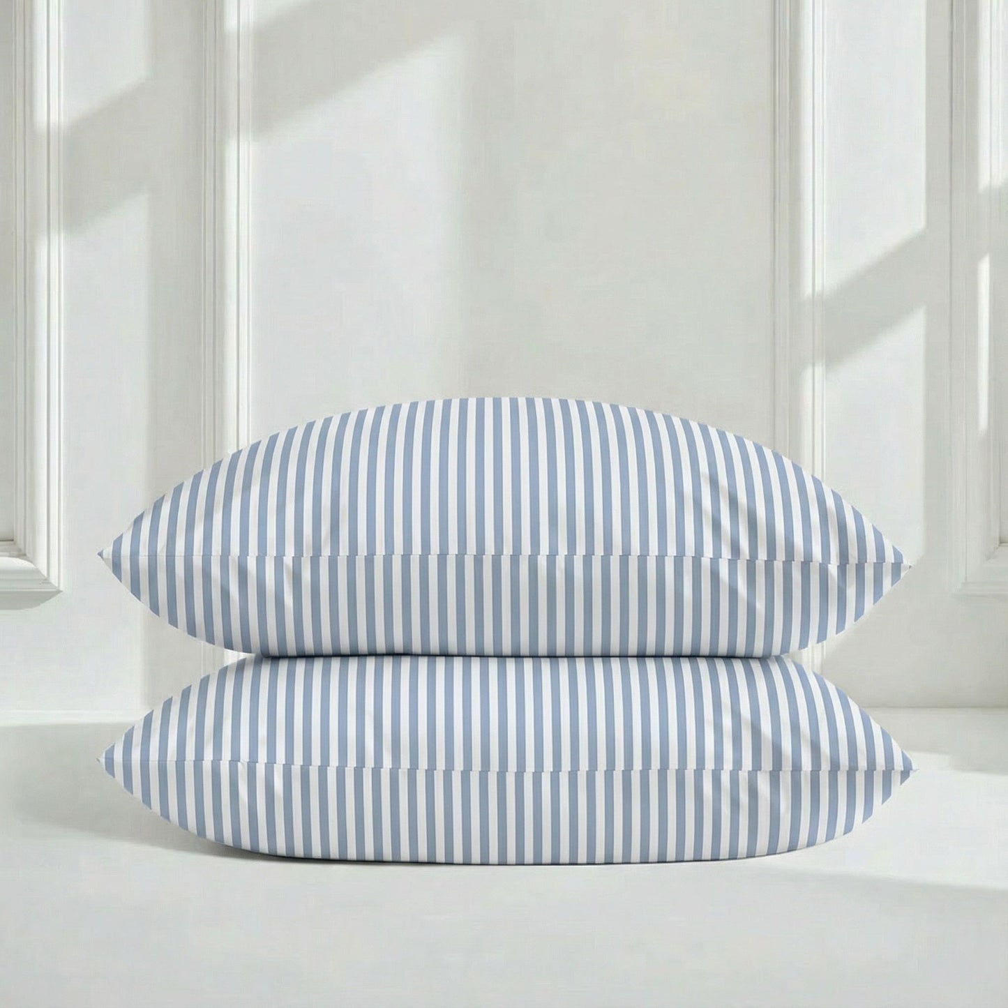 Two blue and white striped pillows on a white surface with a light wooden panel background.