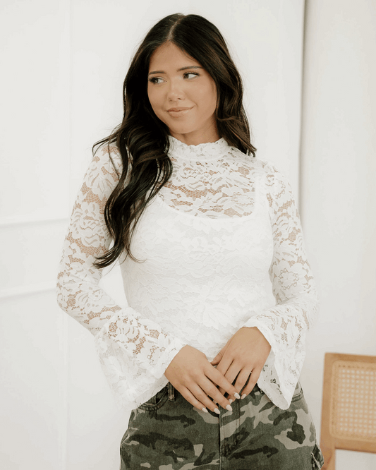 White Lace Crochet Bell Sleeve Mock Neck Blouse