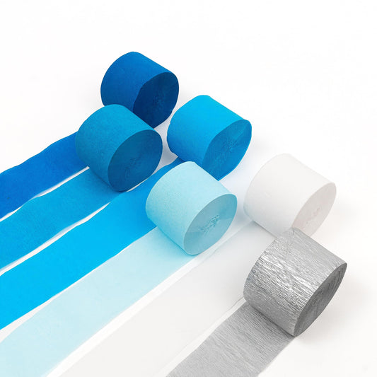 HOUSE OF PARTY Blue Skies Crepe Paper Streamers 6 Crepe Paper Rolls 492ft (1.8 Inch x 82 Ft/Roll) - Pack of 4 Shades of Blue, 1 Silver, 1 White Streamers Party Decorations