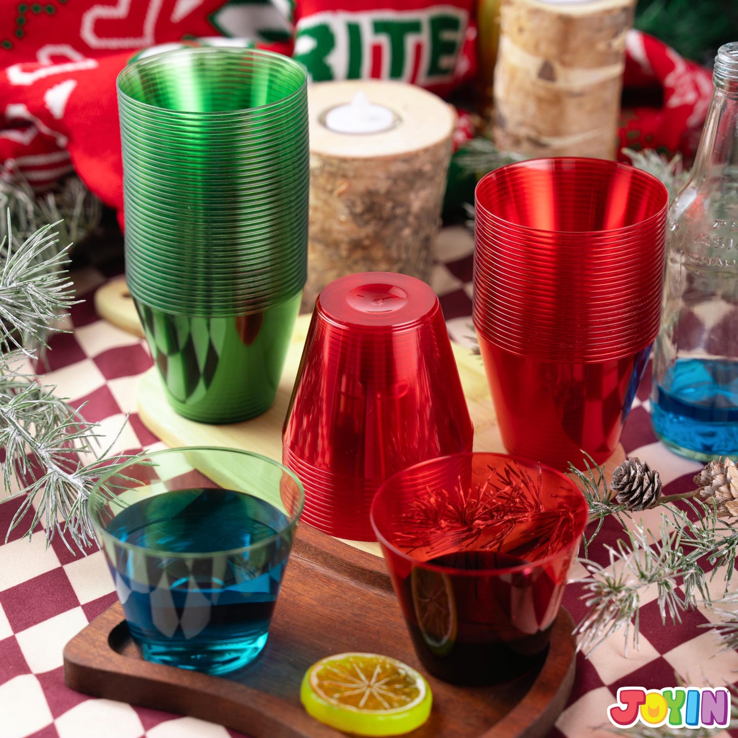 JOYIN 36 PCS Clear Disposable Plastic Cups, 9 OZ Christmas Red and Green Plastic Drinking Cups, Plastic Wine Glasses for Xmas Party Supplies, Wedding, Thanksgiving, Birthday, Holiday, New Year