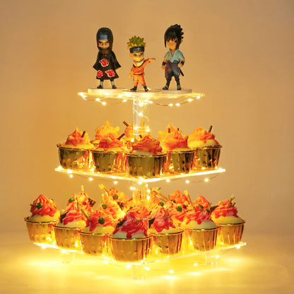 YestBuy 4 Tier Cupcake Stand Acrylic Tower Display with LED Light Premium Holder Dessert Tree Tower for Birthday Cady Bar Décor Weddings, Parties Events (Yellow Light)