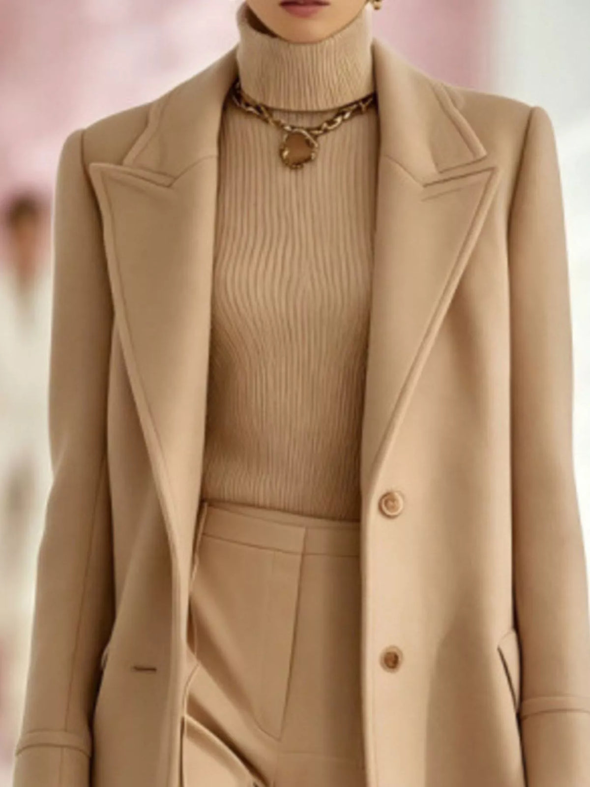 Model wearing a tan longline coat with a lapel collar and button front over a tan turtleneck and tan trousers.