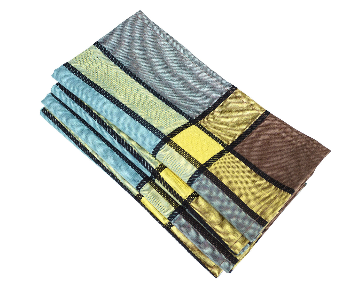 A stack of four folded woven placemats with a plaid pattern in gray, light blue, yellow, brown, and black, shown on a plain white background.