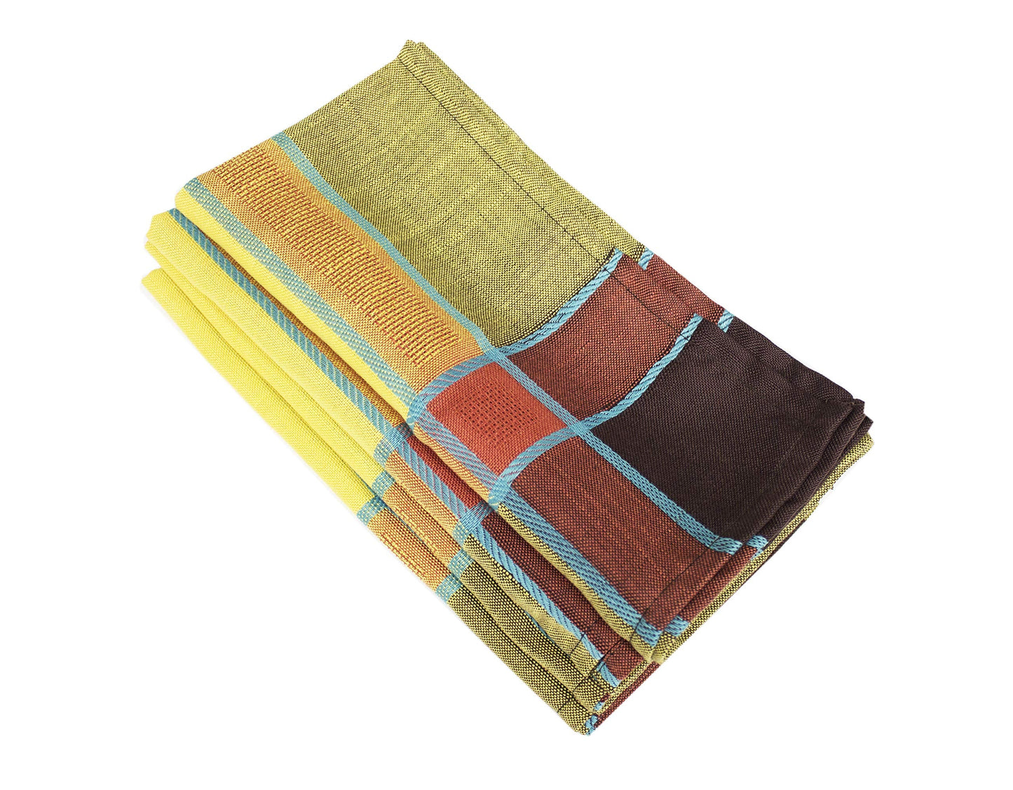 A stack of folded woven towels or napkins in a plaid pattern, featuring yellow, olive green, orange, brown, and light blue stripes, isolated on a white background.
