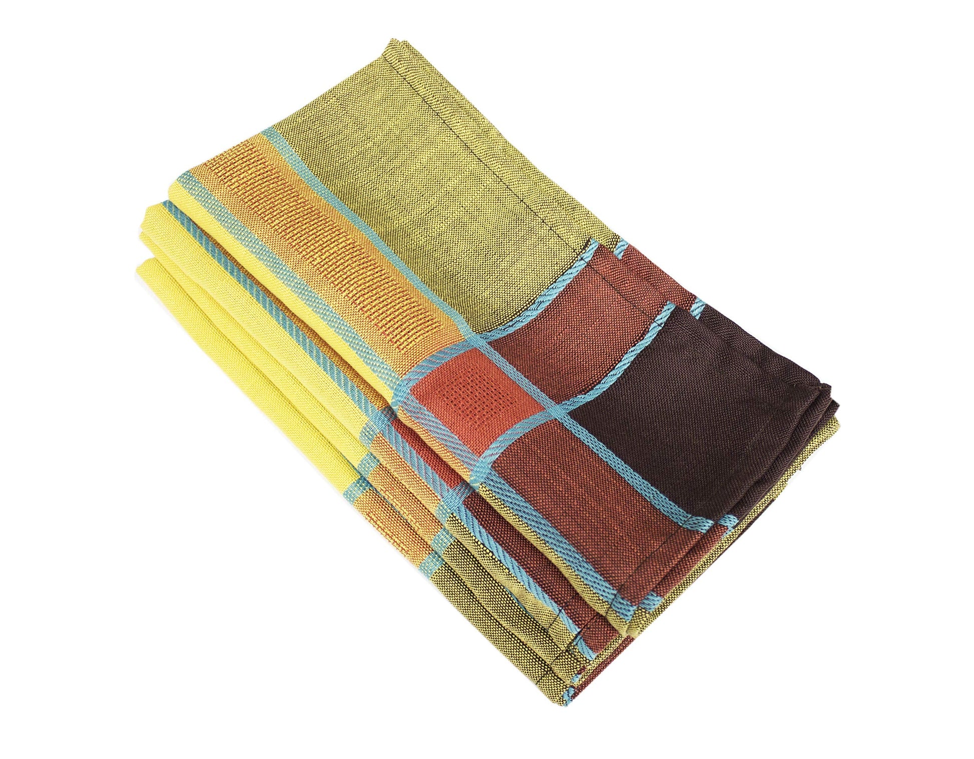 A stack of folded woven towels or napkins in a plaid pattern, featuring yellow, olive green, orange, brown, and light blue stripes, isolated on a white background.