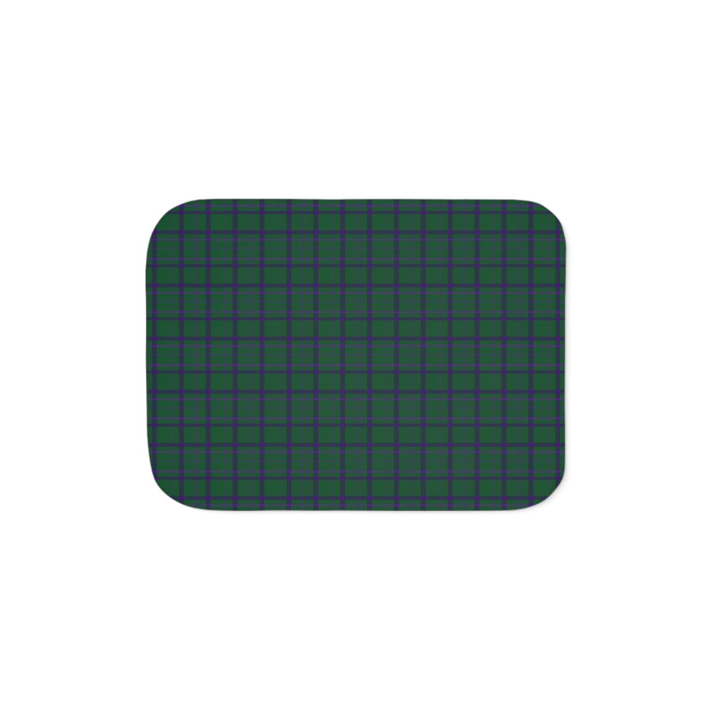 A rectangular mat with rounded corners, featuring a dark green and black plaid pattern, shown against a plain white background.