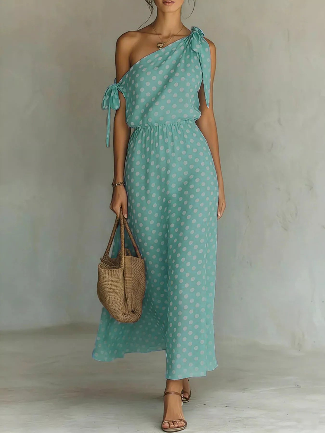 Woman wearing a light blue polka dot dress holding a woven bag against a plain background