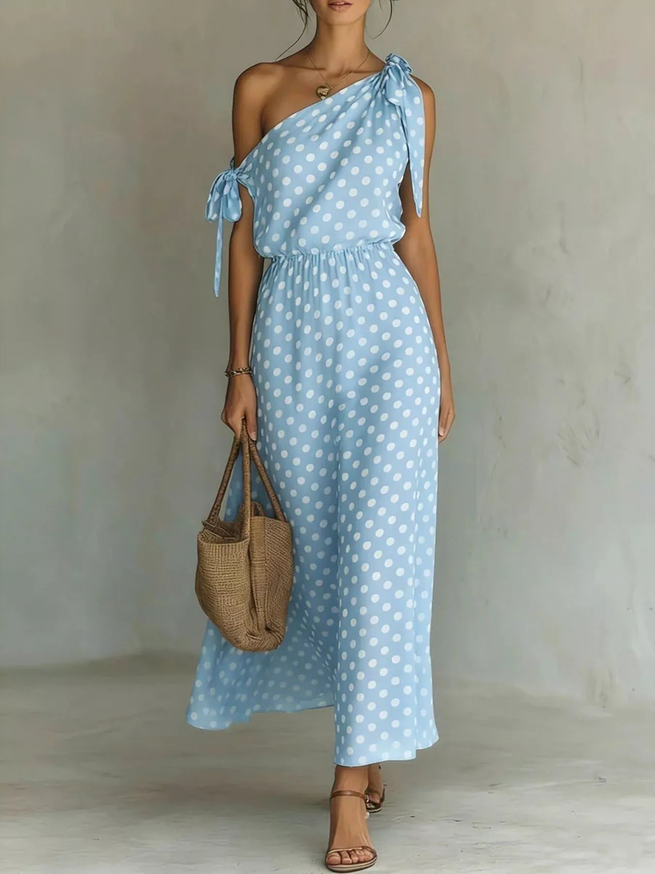 Full Size Polka Dot One-Shoulder Maxi Dress Regular & Plus Size