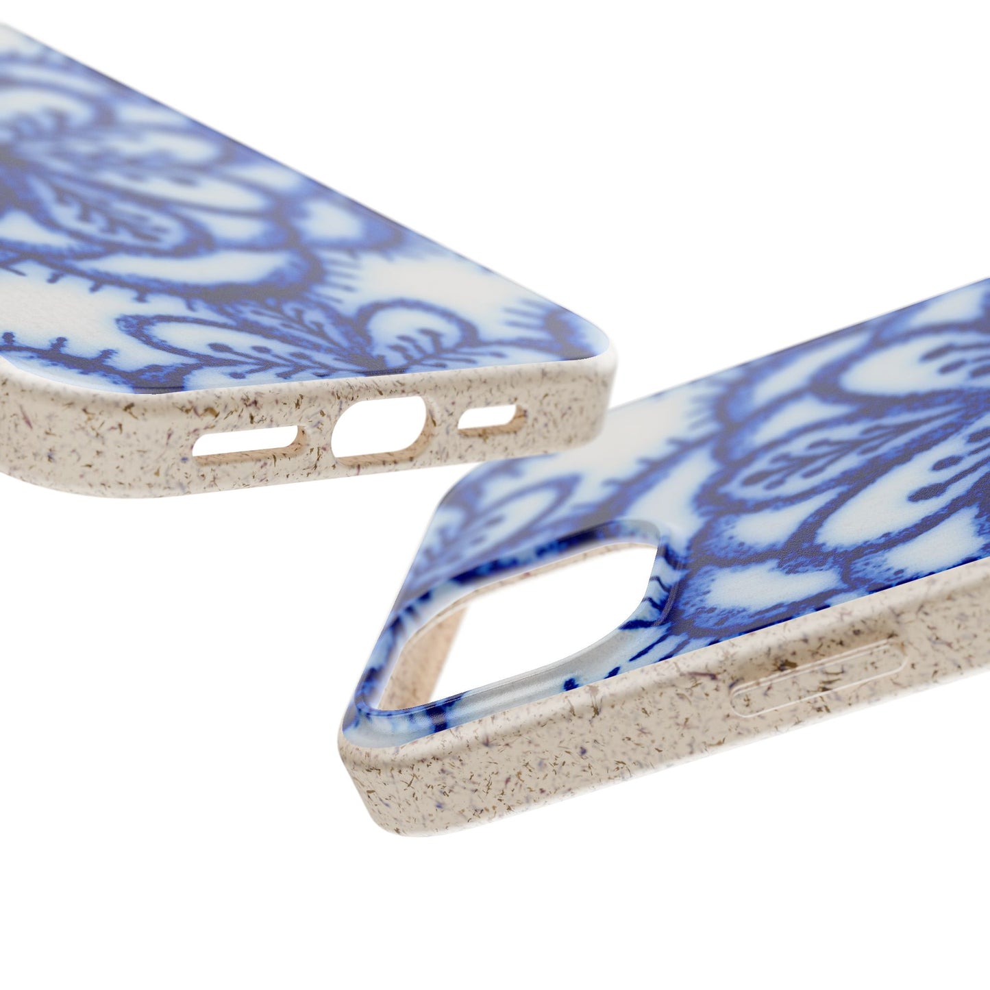 Two close-up views of a phone case with a blue floral pattern on a textured beige base, shown on a white background.