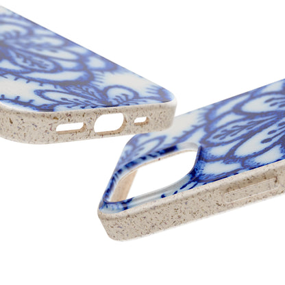 Two close-up views of a smartphone case with a blue floral pattern on a white background and a speckled beige textured edge.