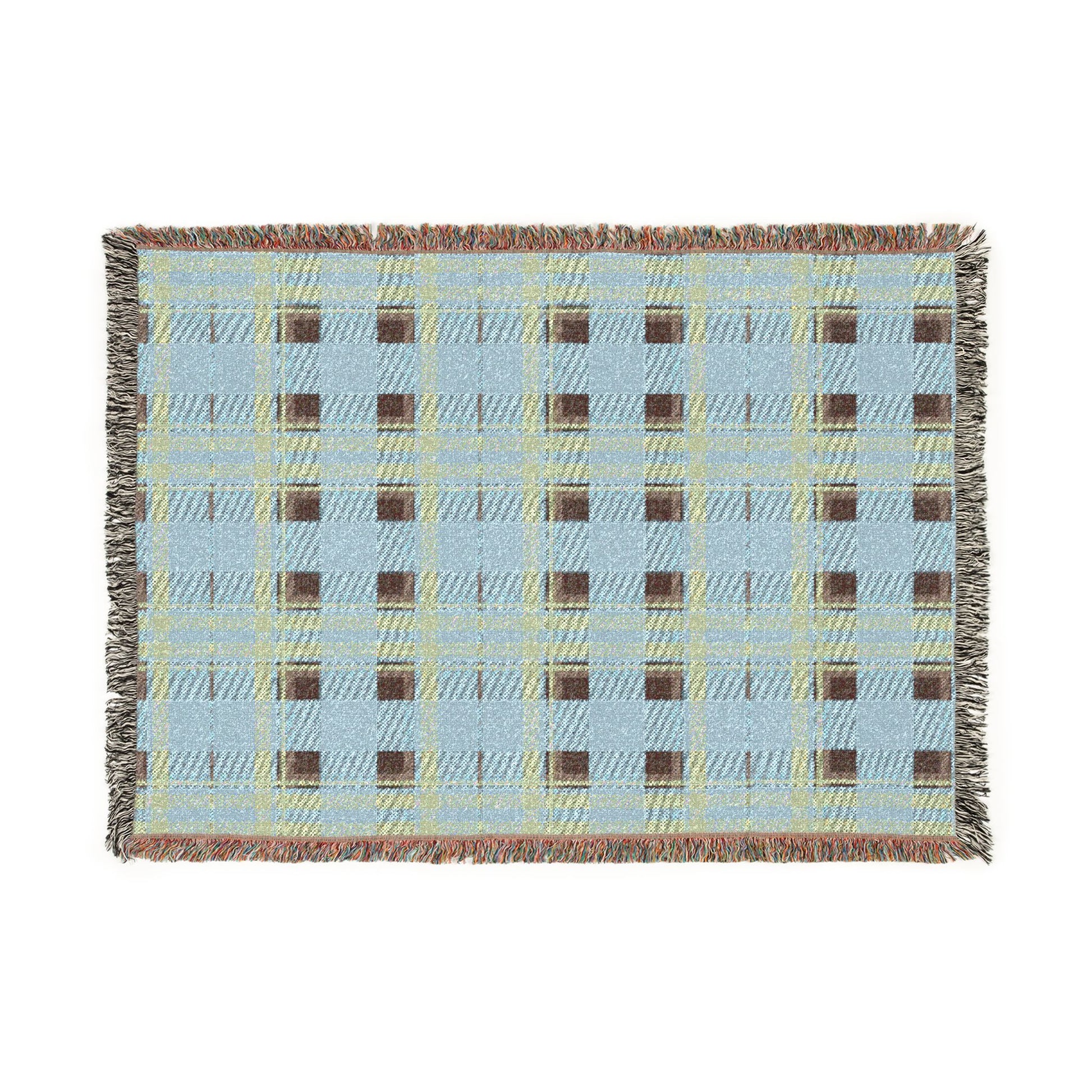 A rectangular woven throw blanket with a light blue, yellow, and brown plaid pattern and fringed edges, shown flat against a white background.