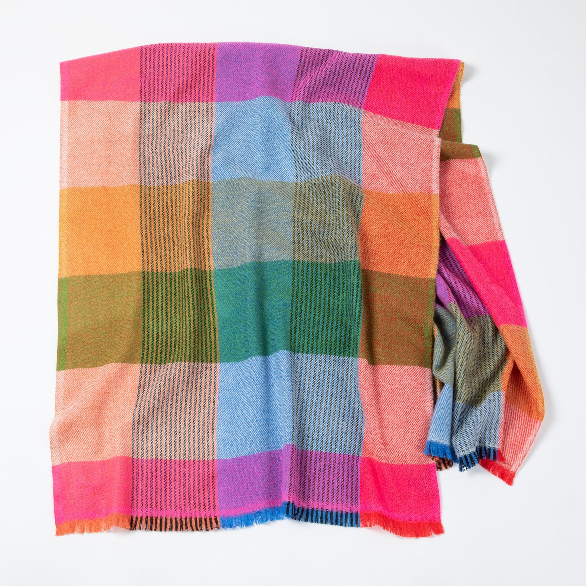 Colorful plaid blanket with a mix of pink, purple, orange, green, and blue on a white background.