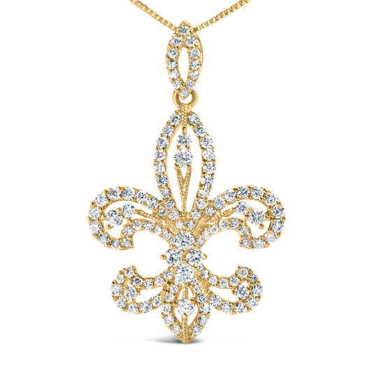 Gold and diamond fleur-de-lis pendant on a white background