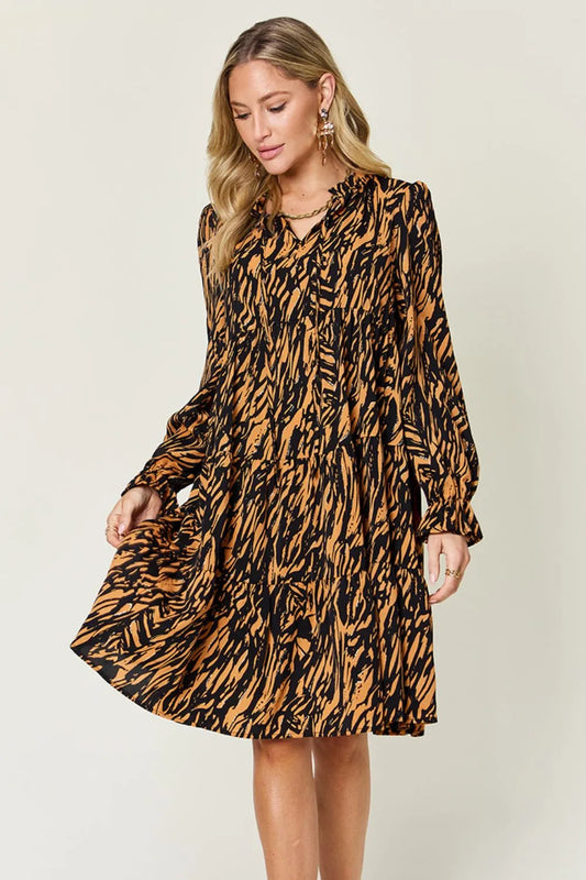 Double Take Printed Ruffle Hem Long Sleeve Dress, Misses & Plus Size