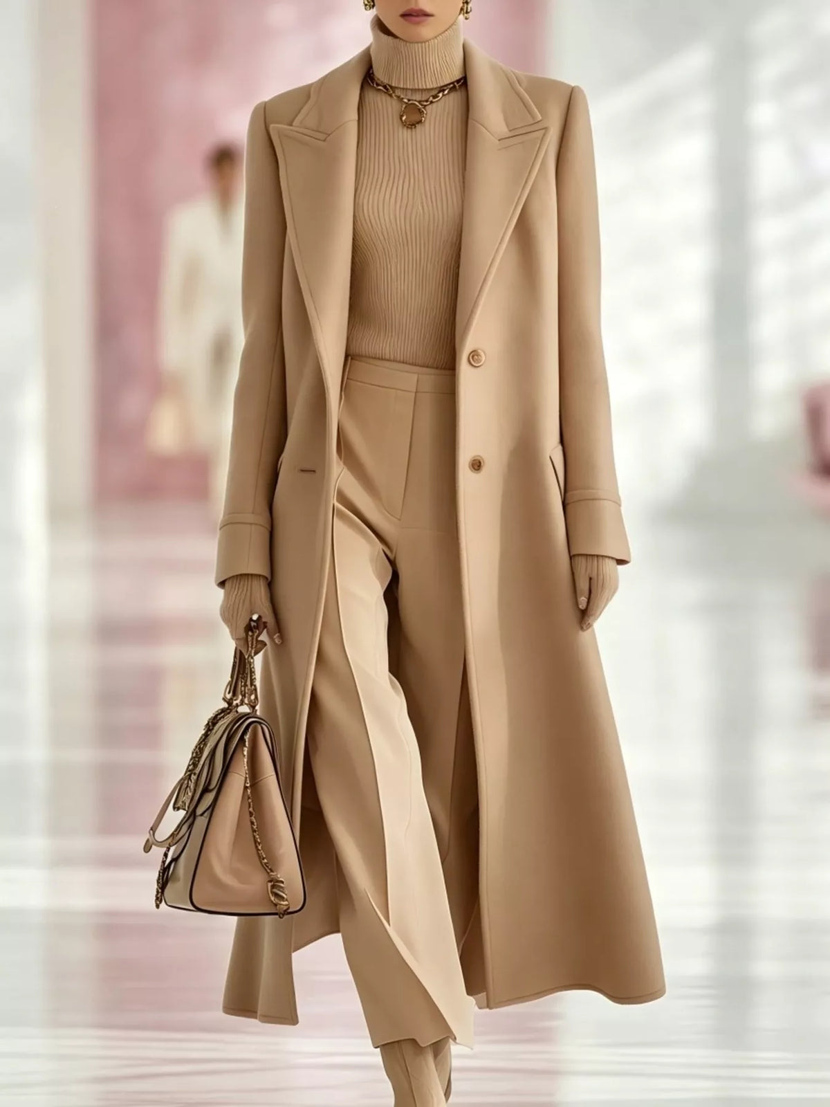 Model wearing a tan longline coat with a lapel collar and button front over a tan turtleneck and tan trousers.