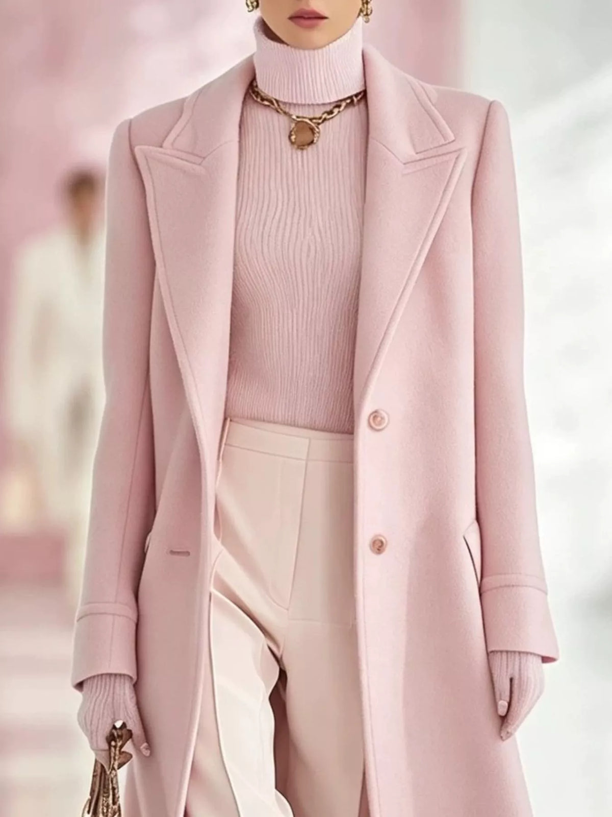 Model wearing a pink longline coat with a lapel collar and button front over a pink turtleneck and cream trousers.