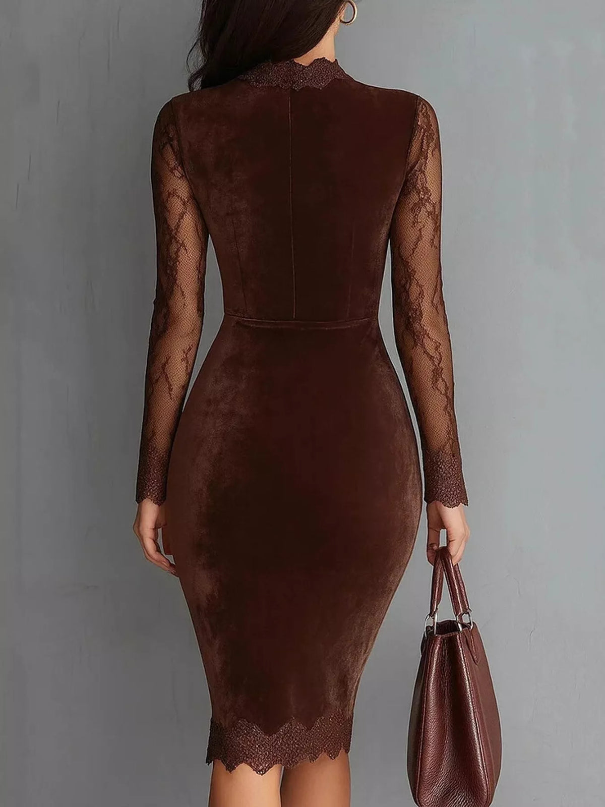Model wearing a coffee-brown velvet bodycon dress with sheer long lace sleeves, a chest cutout and lace-trimmed hem