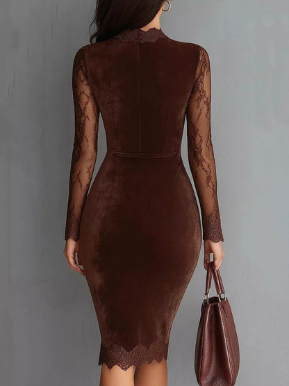 Model wearing a coffee-brown velvet bodycon dress with sheer long lace sleeves, a chest cutout and lace-trimmed hem
