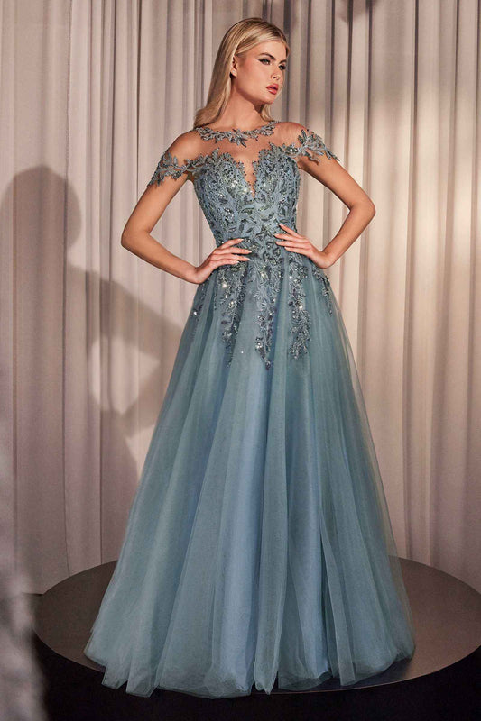 Andrea & Leo A1475 dusty blue A-line gown with floral appliqué, illusion neckline and cap sleeves, front view.