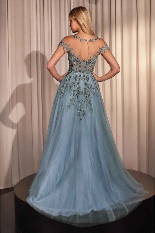 Back view of Andrea & Leo A1475 dusty blue gown with sheer illusion back, floral appliqué and tulle train.
