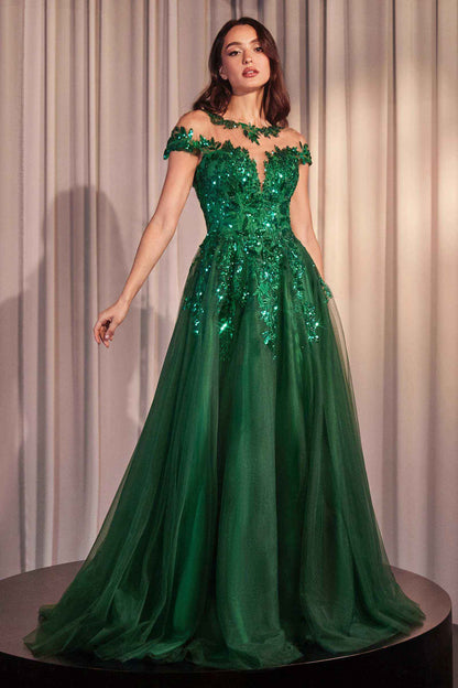 Andrea & Leo A1475 emerald green A-line gown with floral appliqué, illusion neckline and a full tulle skirt.