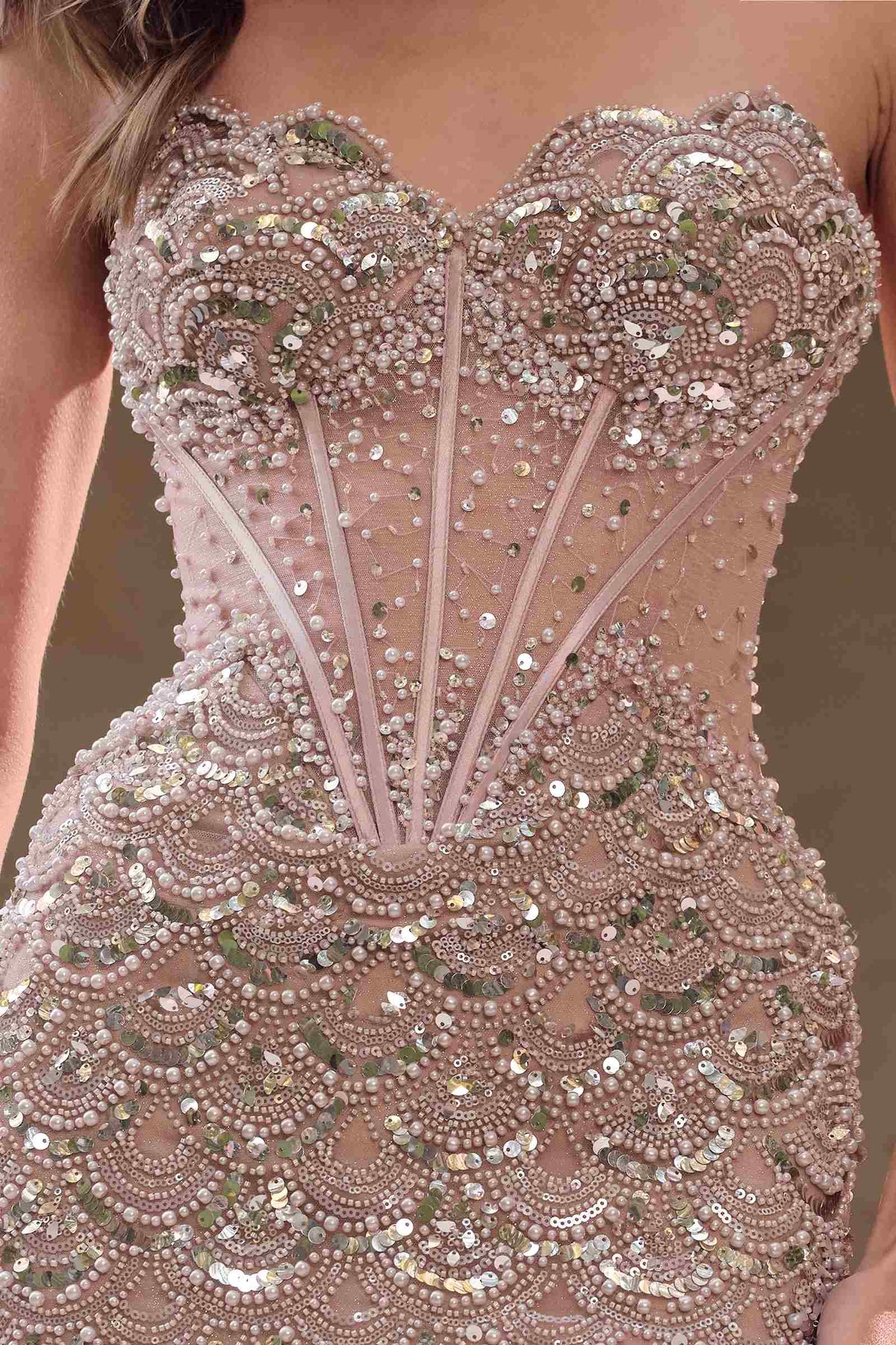 Nude gold, detail: Close-up of Andrea & Leo A1481 sweetheart bodice with exposed boning, pearl beads and scalloped sequin detailing.