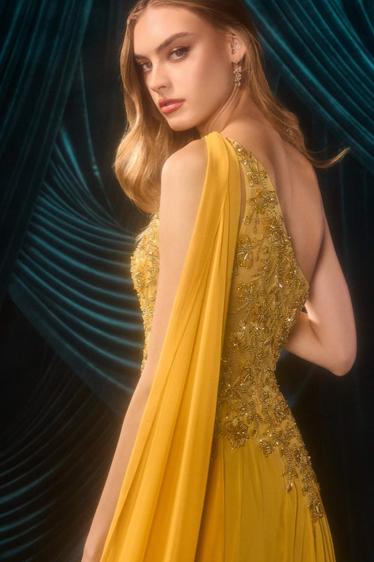 Close-up of Andrea & Leo A1495 marigold gown showing beaded back detailing and chiffon shoulder cape.