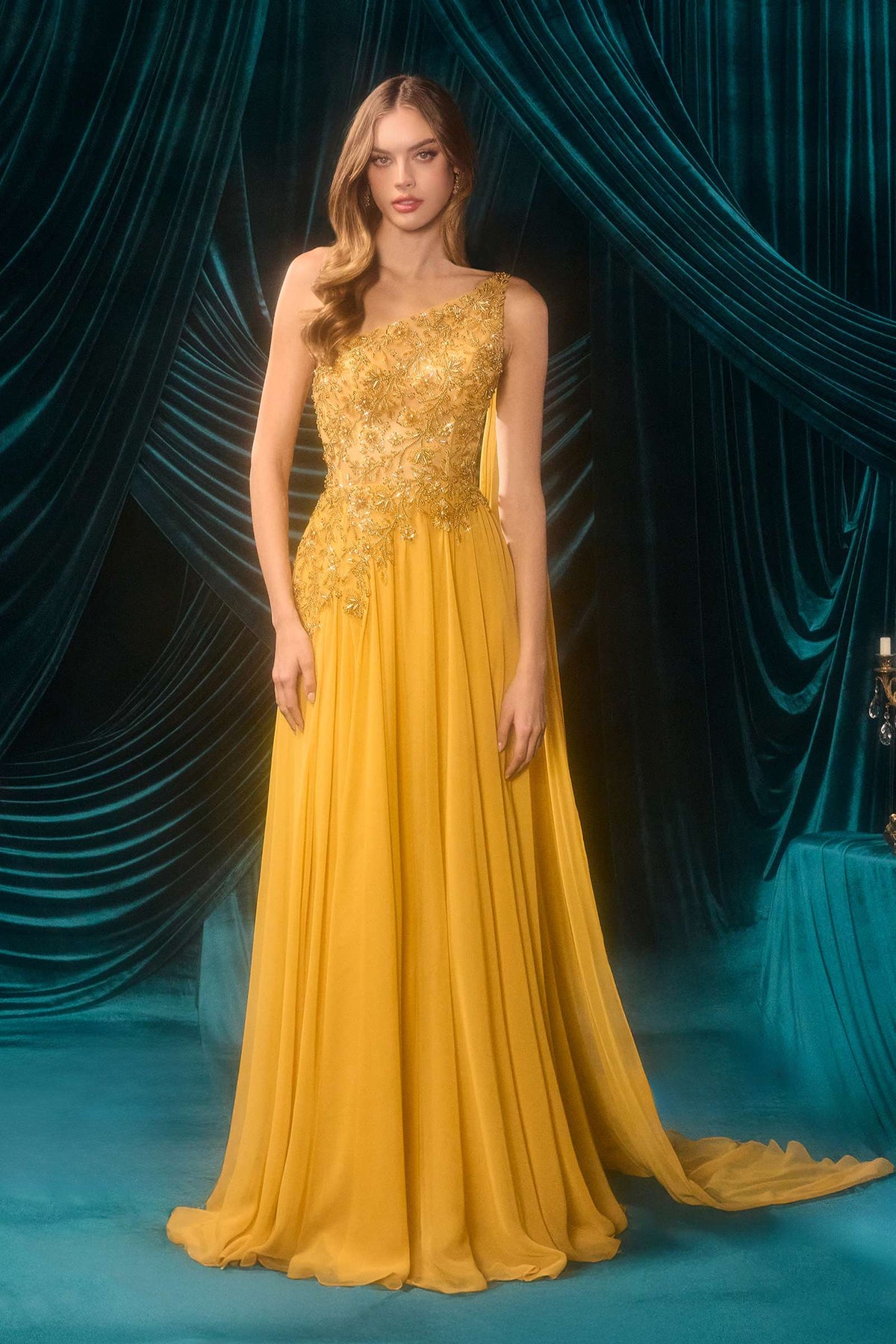 Front view of Andrea & Leo A1495 marigold one-shoulder gown with beaded floral bodice and flowing chiffon skirt.