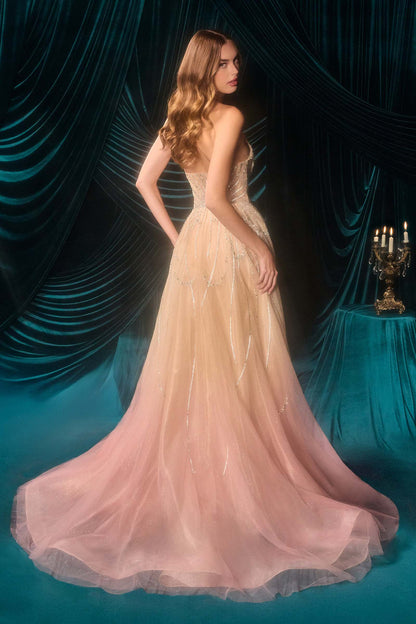 Champagne/blush, back: Rear three-quarter view of Andrea & Leo A1508 champagne/blush gown showing the flowing tulle overskirt and train.